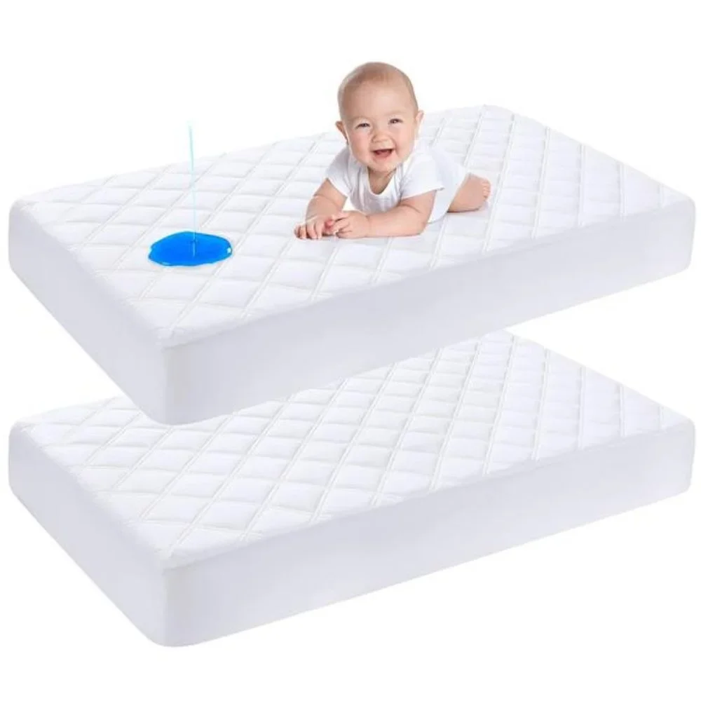 2 Pack Waterproof Crib Mattress Protector, Quilted Fitted Crib Mattress Pad